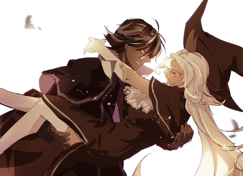 1boy, 1girl, black_capelet, black_hat, blonde_hair, brown_eyes, brown_gloves, brown_hair