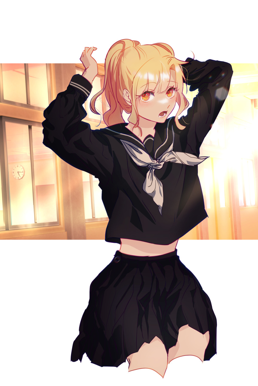1girl, absurdres, arms_up, black_sailor_collar, black_serafuku, blonde_hair, cropped_legs, highres, long_sleeves, midriff_peek, neckerchief, open_mouth, original, ponytail, pyaprika_garu, sailor_collar, school_uniform, serafuku, sidelocks, standing, white_neckerchief