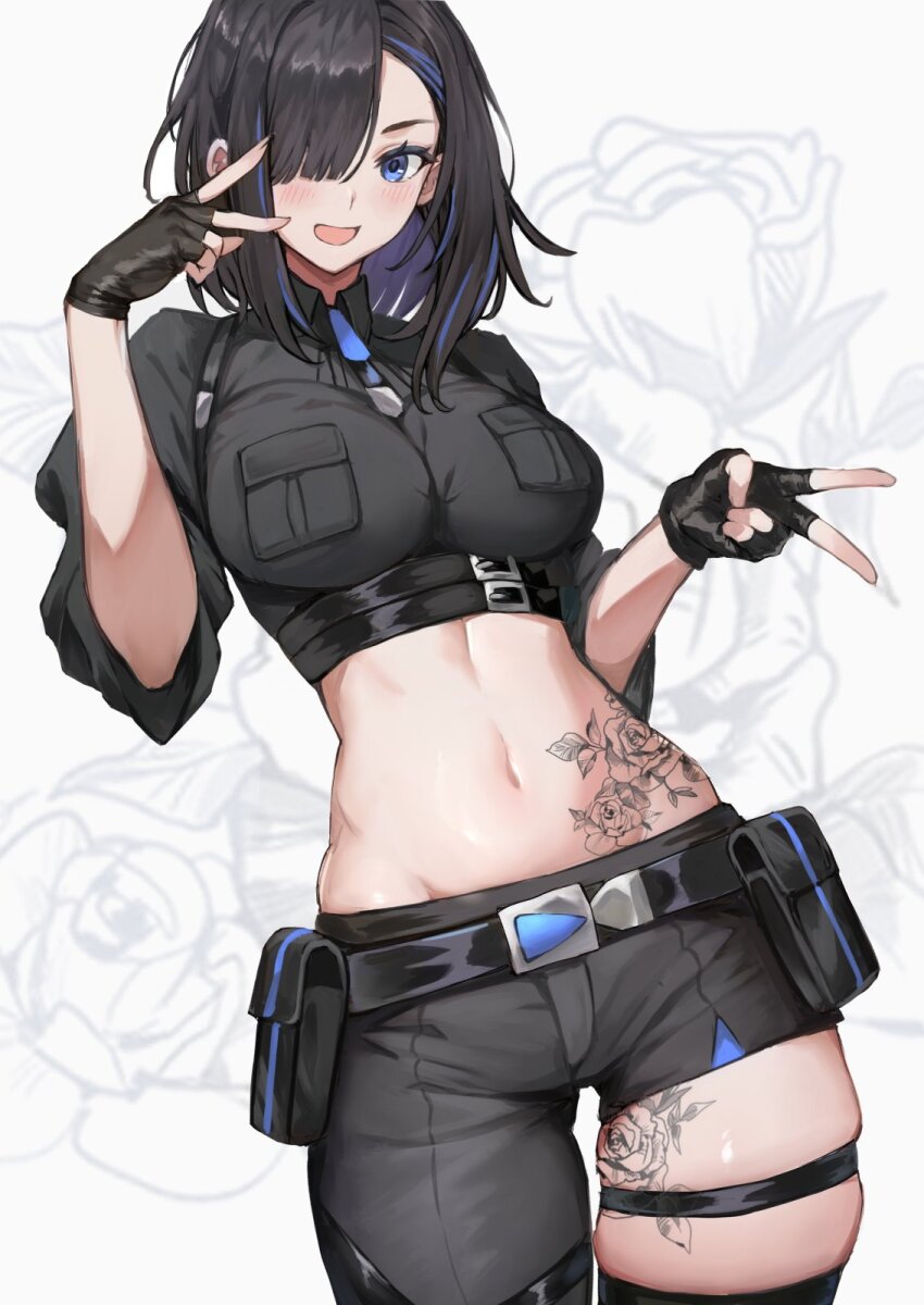 1girl, :d, asymmetrical_clothes, asymmetrical_pants, ayase_yuu, ayase_yuu_(1st_costume), belt, belt_pouch, black_belt, black_gloves, black_hair, blue_eyes, blue_hair, blush, breast_pocket, breasts, buckle, chest_strap, cowboy_shot, crop_top, fingerless_gloves, flower_tattoo, gloves, highres, large_breasts, leg_tattoo, midriff, multicolored_hair, navel, one_eye_covered, open_mouth, phase_connect, phase_connect_jp, pocket, pouch, single_pantsleg, skindentation, smile, standing, stomach_tattoo, streaked_hair, tattoo, thigh_gap, thigh_strap, torisanff14, v, virtual_youtuber