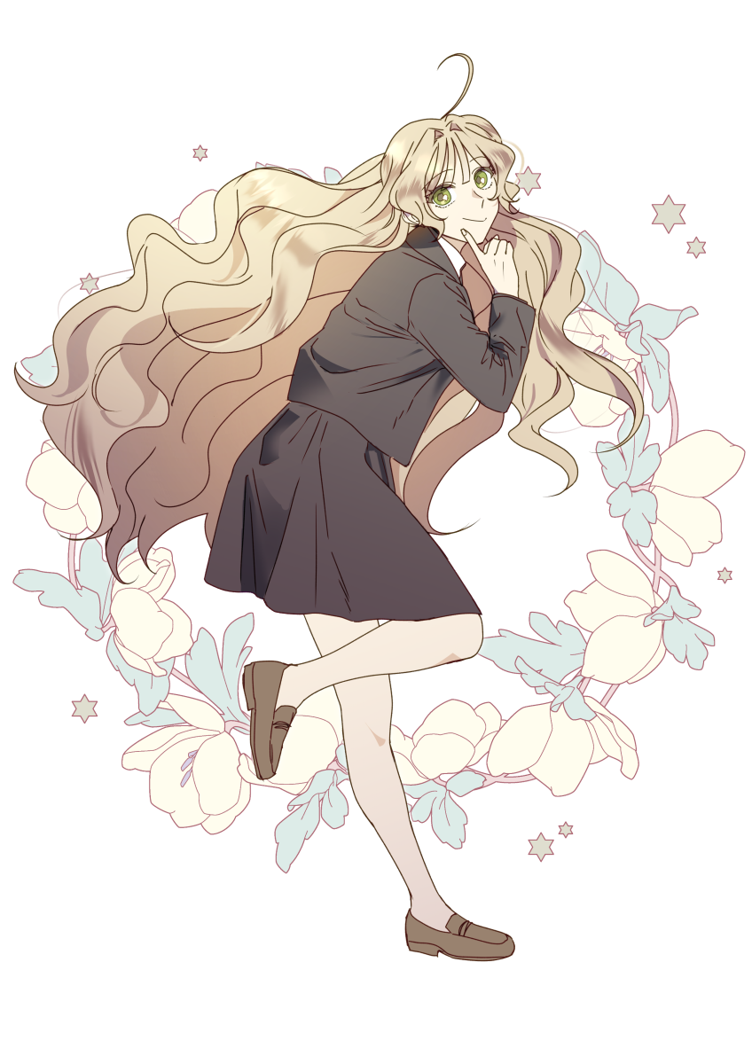 1girl, ahoge, black_jacket, black_skirt, blonde_hair, full_body, green_eyes, highres, index_finger_raised, jacket, loafers, long_hair, long_sleeves, original, pyaprika_garu, shoes, simple_background, skirt, solo, standing, standing_on_one_leg, very_long_hair, wavy_hair, white_background