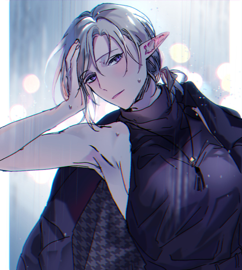 1girl, black_coat, blurry, blurry_background, breasts, coat, elf, grey_hair