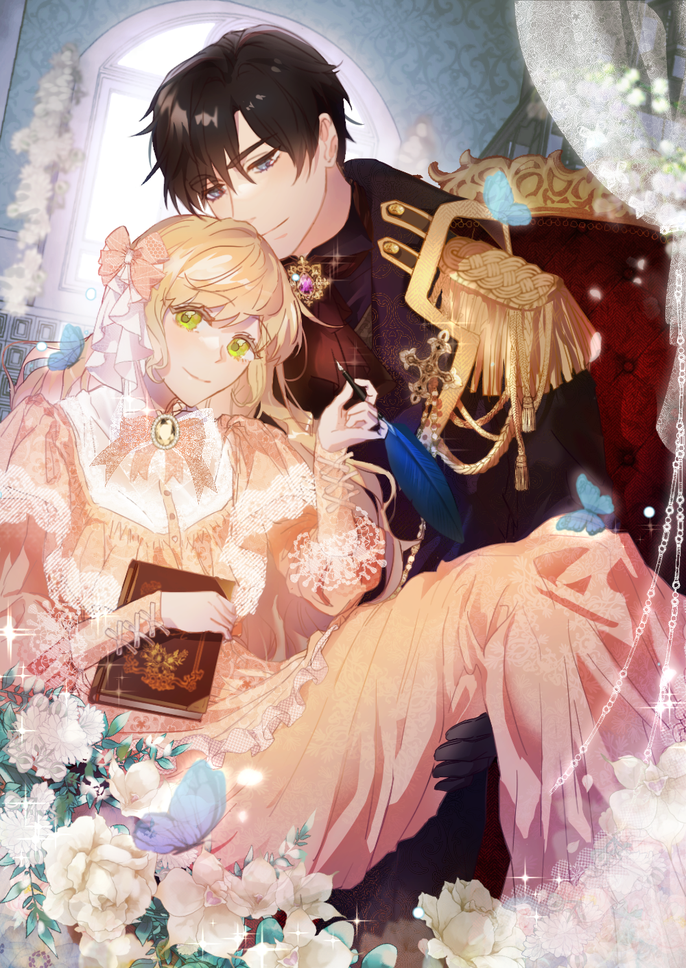 1boy, 1girl, black_hair, blue_butterfly, blue_eyes, book, bow, bug