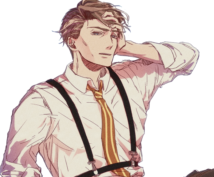 1boy, almond_cookie, brown_hair, cookie_run, cookie_run:_kingdom, hand_on_own_head, male_focus, mature_male