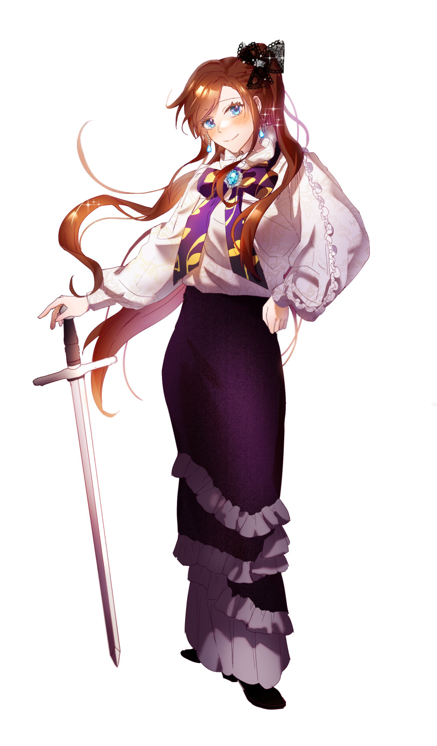 1girl, absurdres, black_footwear, black_skirt, blue_gem, blush, bow, brown_hair