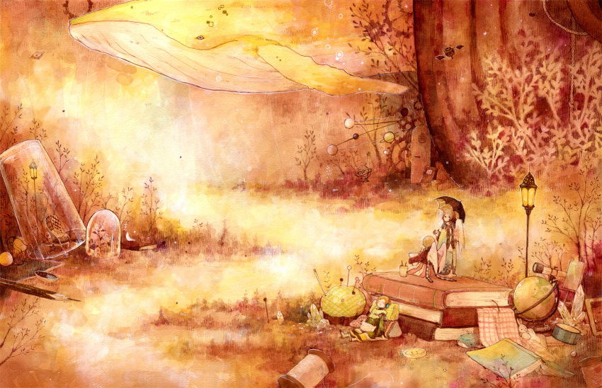 3girls, angel_wings, book, buttons, crystal, door, drawing, fantasy, flower, globe, grass, headphones, highres, kuzira_kirara, lamp, mini_person, miniboy, minigirl, multiple_girls, needle, orange_theme, original, planet, satellite, sitting, sketchbook, sleeping, standing, surreal, telescope, thread, tree, whale, wings