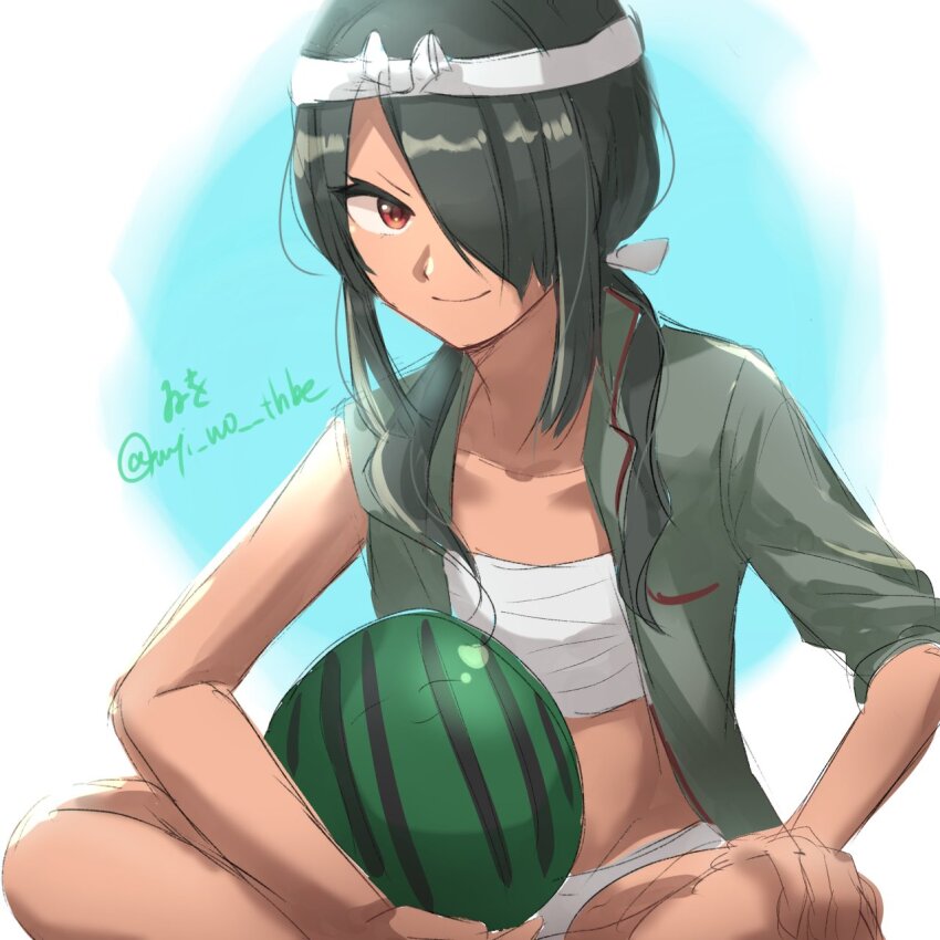 1girl, black_hair, ecchuu_fundoshi, food, fruit, grey_shirt, hair_over_one_eye, hair_over_shoulder