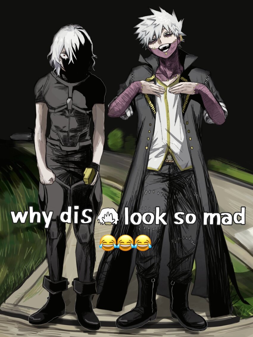 2boys, ametaro_(ixxxzu), black_bodysuit, black_coat, black_footwear, black_pants, blue_eyes, bodysuit