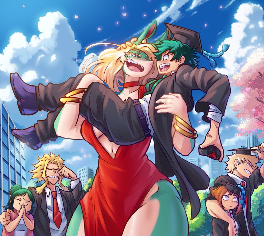 3boys, 3girls, :d, ^_^, absurdres, all_might, arm_over_shoulder, bakugou_katsuki