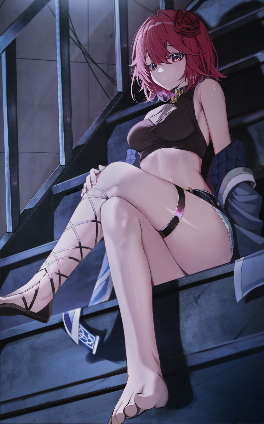 1girl, absurdres, armpit_crease, bare_legs, bare_shoulders, belt, black_choker, black_sandals