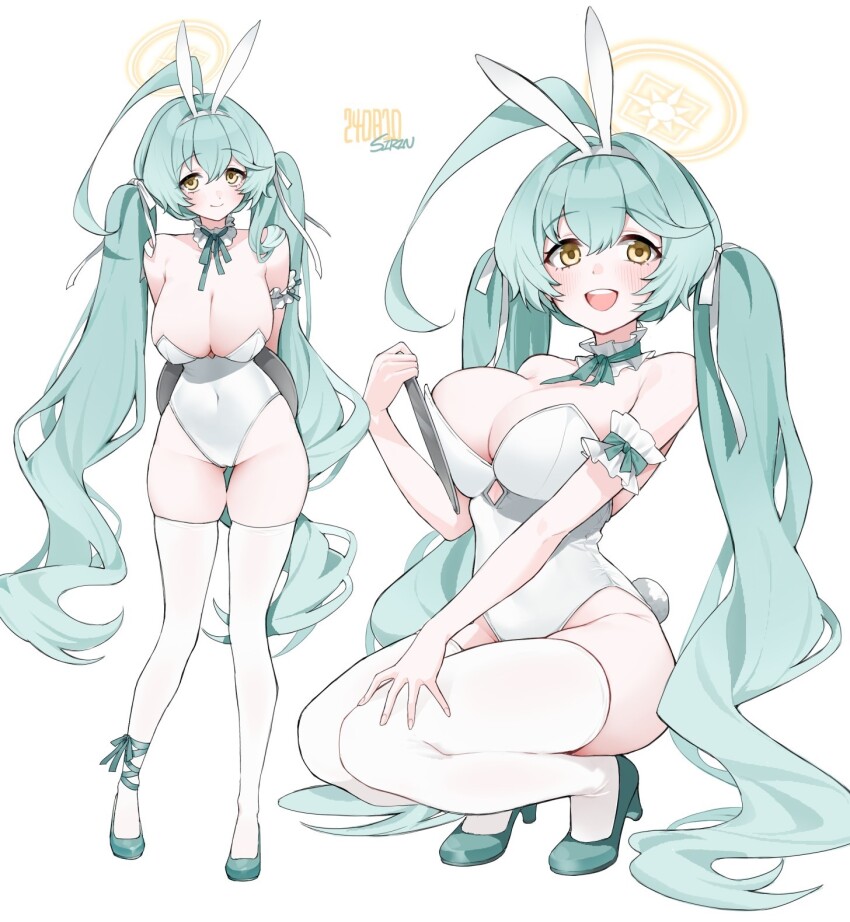 alternate_costume, alternate_hairstyle, animal_ears, aqua_hair, blue_archive, detached_collar, fake_animal_ears, fake_tail