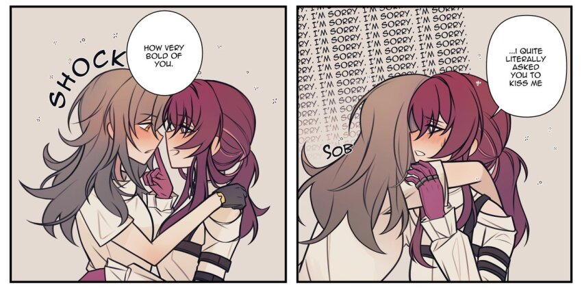 2girls, birdburglar99, black_gloves, blush, commentary, english_commentary, english_text, eye_contact