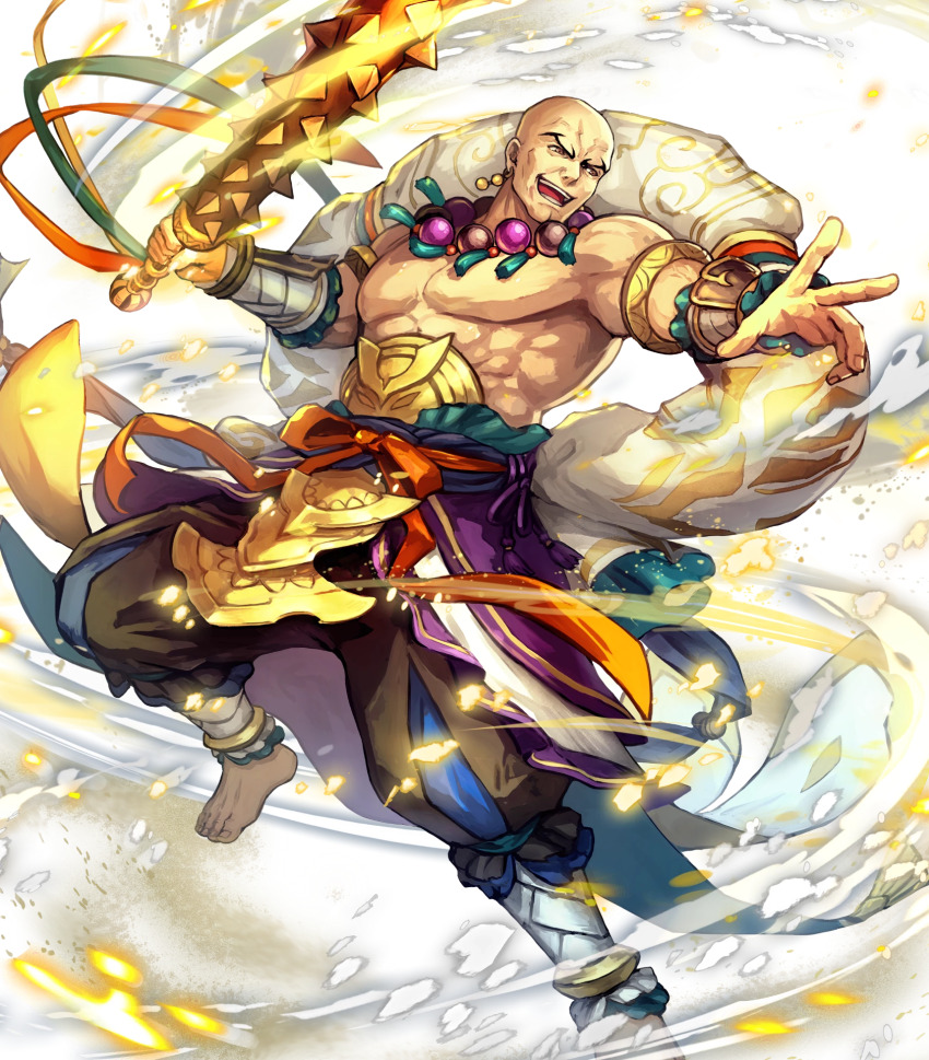 1boy, armlet, bald, barefoot, club, club_(weapon), earrings, feet