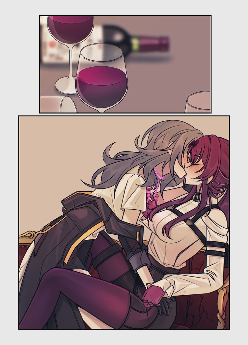 2girls, alcohol, between_legs, birdburglar99, black_coat, black_gloves, black_shorts, blush