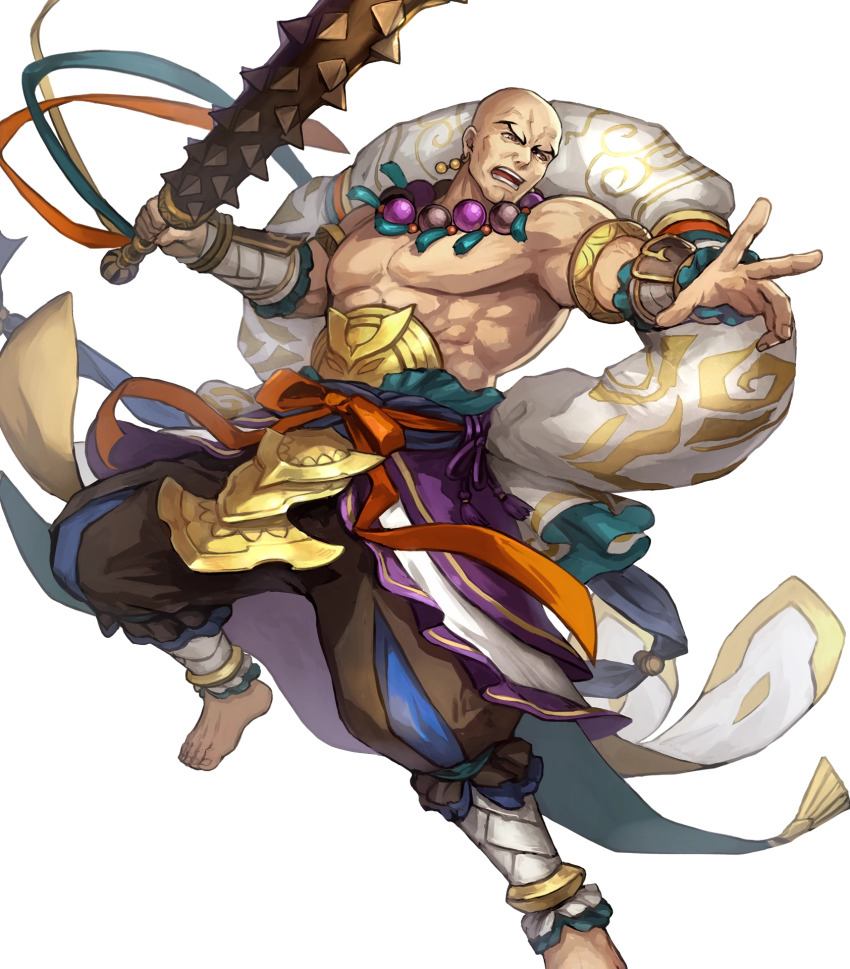 1boy, armlet, bald, barefoot, club, club_(weapon), earrings, feet