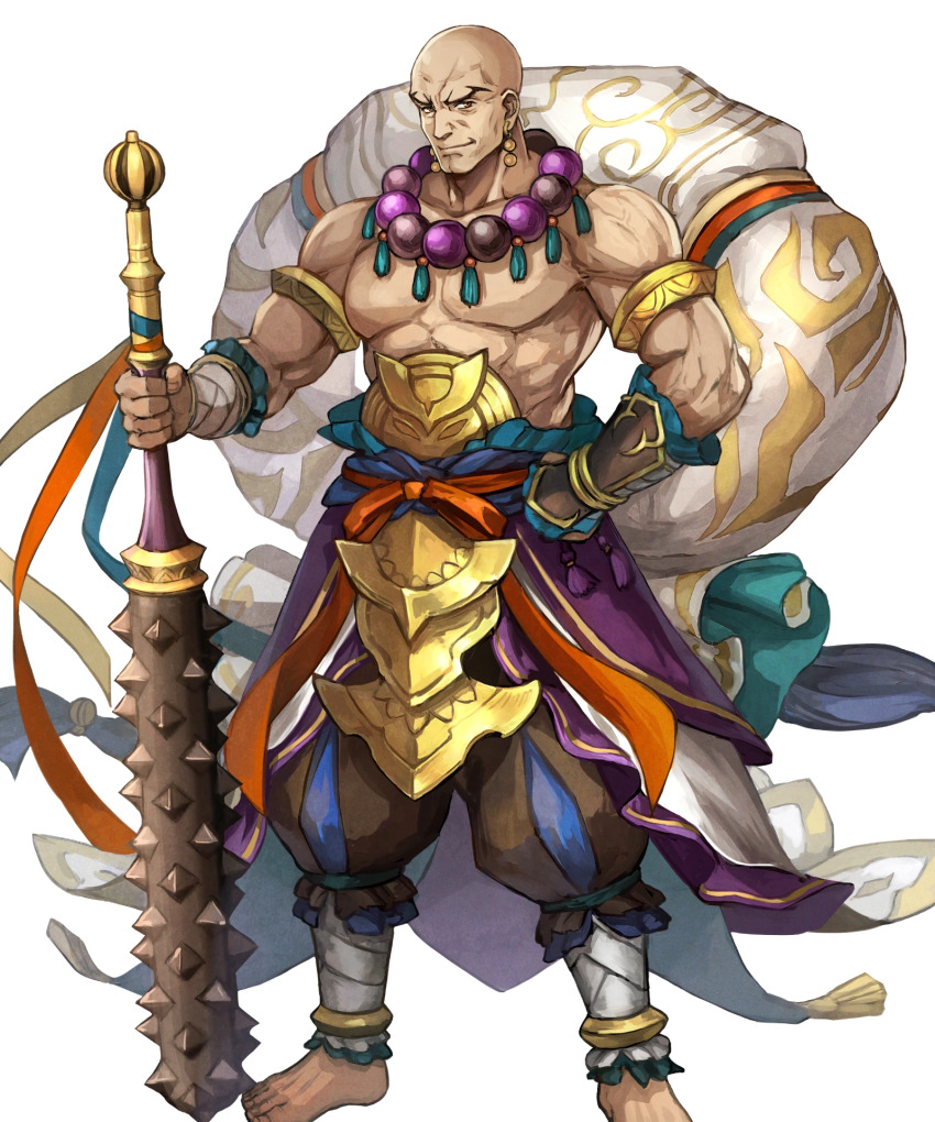 1boy, armlet, bald, barefoot, club, club_(weapon), earrings, feet