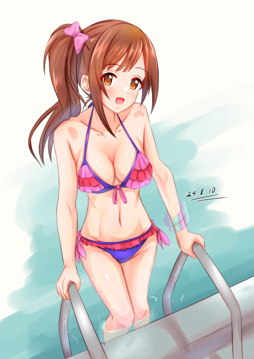 1girl, absurdres, bikini, breasts, brown_eyes, brown_hair, cleavage, cobbedcorn