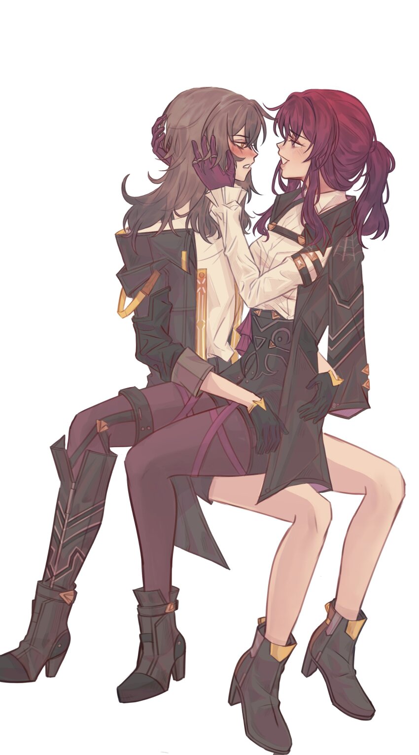 2girls, absurdres, birdburglar99, black_footwear, black_gloves, black_jacket, black_shorts, blush