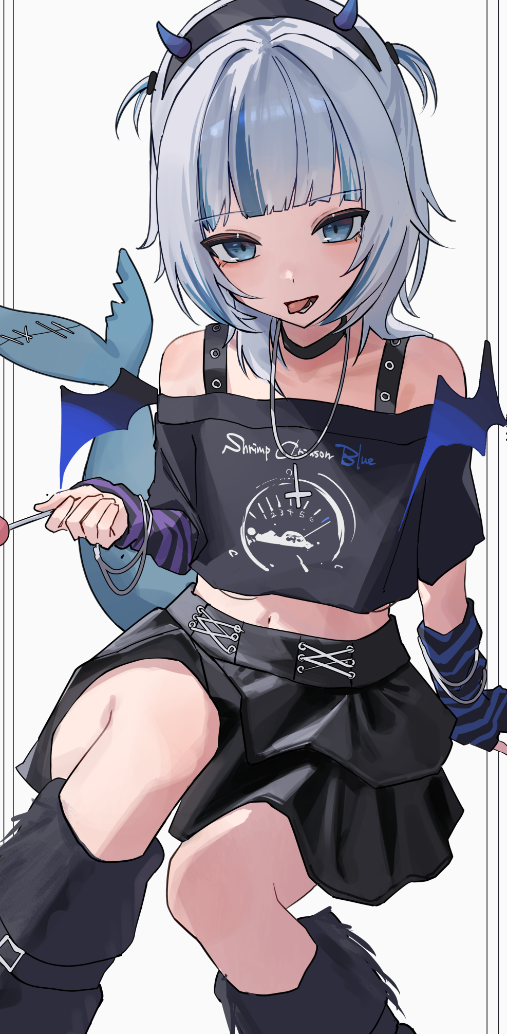 1girl, 3xens, black_leg_warmers, black_shirt, black_skirt, blue_eyes, blue_hair, blunt_bangs