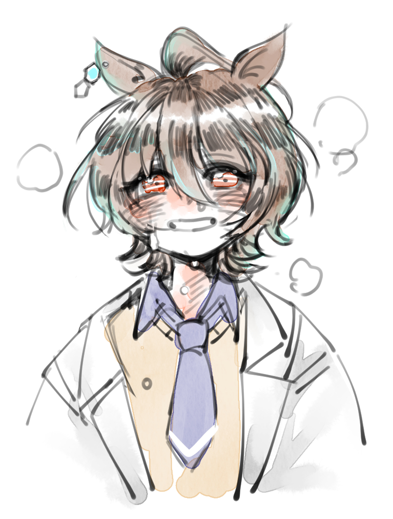 1girl, agnes_tachyon_(tach-nology)_(umamusume), agnes_tachyon_(umamusume), ahoge, animal_ears, blue_necktie, blue_shirt, blush, brown_hair, chemical_structure, coat, collared_coat, collared_shirt, earrings, horse_ears, horse_girl, huge_ahoge, jewelry, lab_coat, looking_at_viewer, medium_hair, necktie, nyeomnyeom63816, open_clothes, open_coat, red_eyes, shirt, short_necktie, single_earring, smile, solo, steam, sweat, sweater, umamusume, wet, wet_hair, white_coat, wolf_cut, yellow_sweater