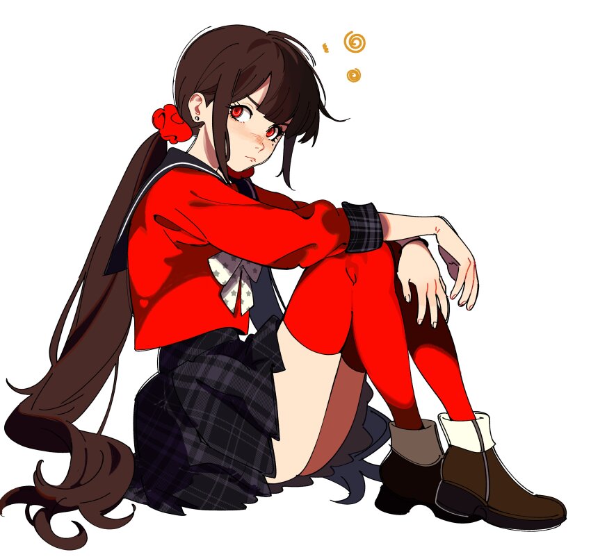 1girl, absurdres, ass, black_hair, black_skirt, blunt_bangs, brown_hair, brown_shoes, danganronpa_(series), danganronpa_v3:_killing_harmony, hair_ornament, hair_scrunchie, harukawa_maki, highres, long_hair, long_sleeves, looking_at_viewer, lovepoints, low_twintails, mole, mole_under_eye, pleated_skirt, red_eyes, red_scrunchie, red_shirt, red_thighhighs, sailor_collar, school_uniform, scrunchie, shirt, shoes, skirt, solo, thighhighs, twintails