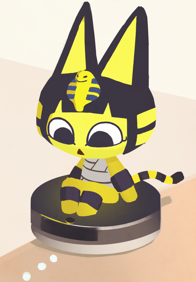 1girl, animal_crossing, animal_ears, ankha_(animal_crossing), blue_eyes, blue_hair, cat_ears, cat_girl, cat_tail, furry, furry_female, momomomomoa, nintendo, open_mouth, sitting, tail, vacuum_cleaner