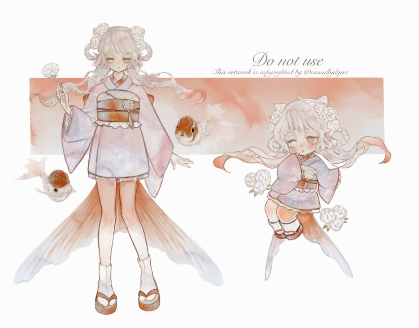 1girl, :o, back_bow, bad_id, bad_twitter_id, bare_legs, blonde_hair, blue_eyes, bow, braid, braided_hair_rings, brooch, chibi, chinese_commentary, colored_tips, commentary_request, cone_hair_bun, double_bun, expressionless, fins, fish, fish_tail, floating_hair, flower, flower_brooch, flying_fish, frilled_kimono, frilled_sleeves, frills, full_body, hair_bun, hair_flower, hair_ornament, hair_rings, hand_on_own_chin, head_fins, heterochromia, highres, holding, holding_flower, japanese_clothes, kimono, koi, leaf, light_blush, long_sleeves, multicolored_hair, obi, okobo, orange_bow, orange_sandals, orange_sash, orange_tail, original, parted_lips, pink_kimono, platform_sandals, red_hair, rose, sample_watermark, sandals, sash, short_kimono, socks, ssss_ve, tabi, tail, tassel, twitter_username, variations, watermark, white_background, white_flower, white_rose, white_socks, wide_sleeves, yellow_eyes