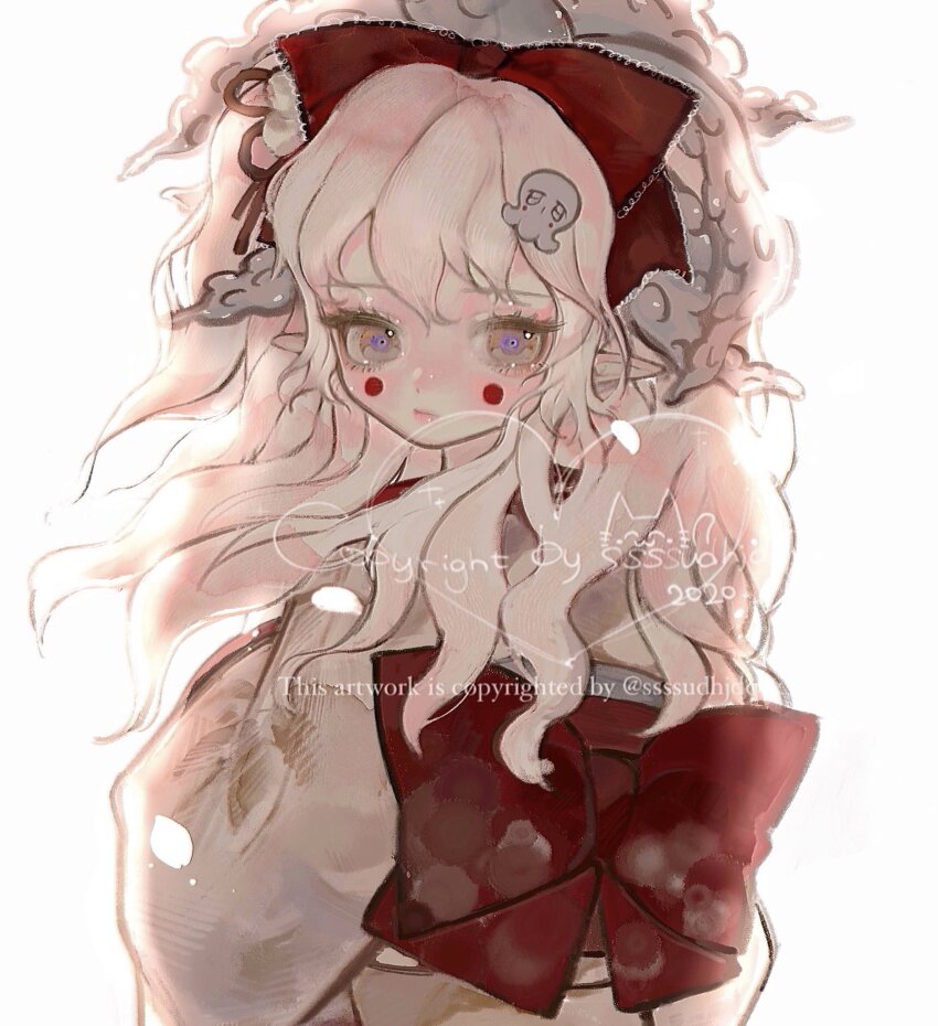 1girl, 2020, back_bow, backlighting, bad_id, bad_twitter_id, blonde_hair, blush_stickers