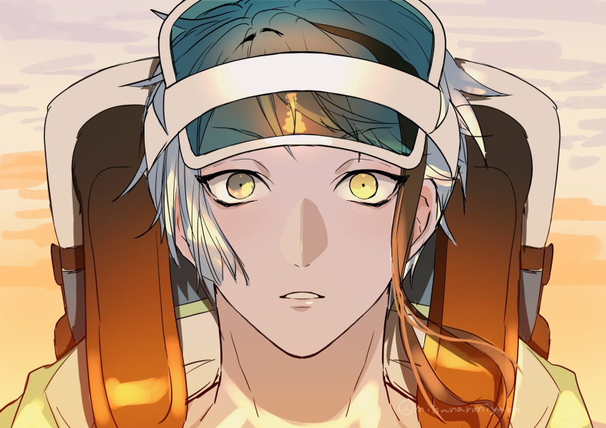 1boy, backpack, bag, blue_hair, brown_eyes, floyd_leech, floyd_leech_(outdoor_wear), hat