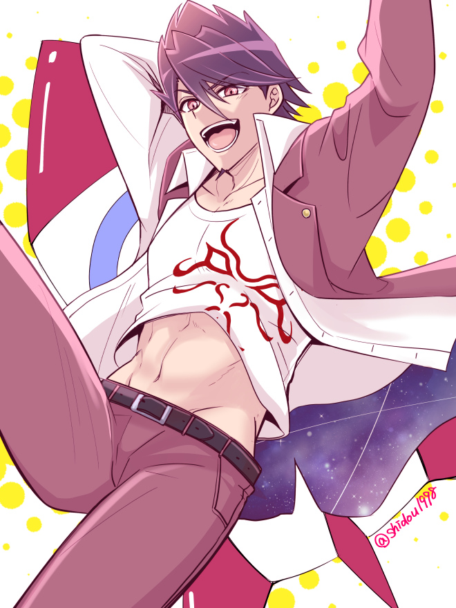 1boy, :d, artist_name, belt, black_belt, collarbone, collared_shirt, danganronpa_(series)