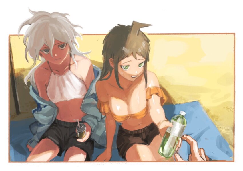 2girls, ahoge, bare_shoulders, beach, black_shorts, bottle, breasts, cleavage