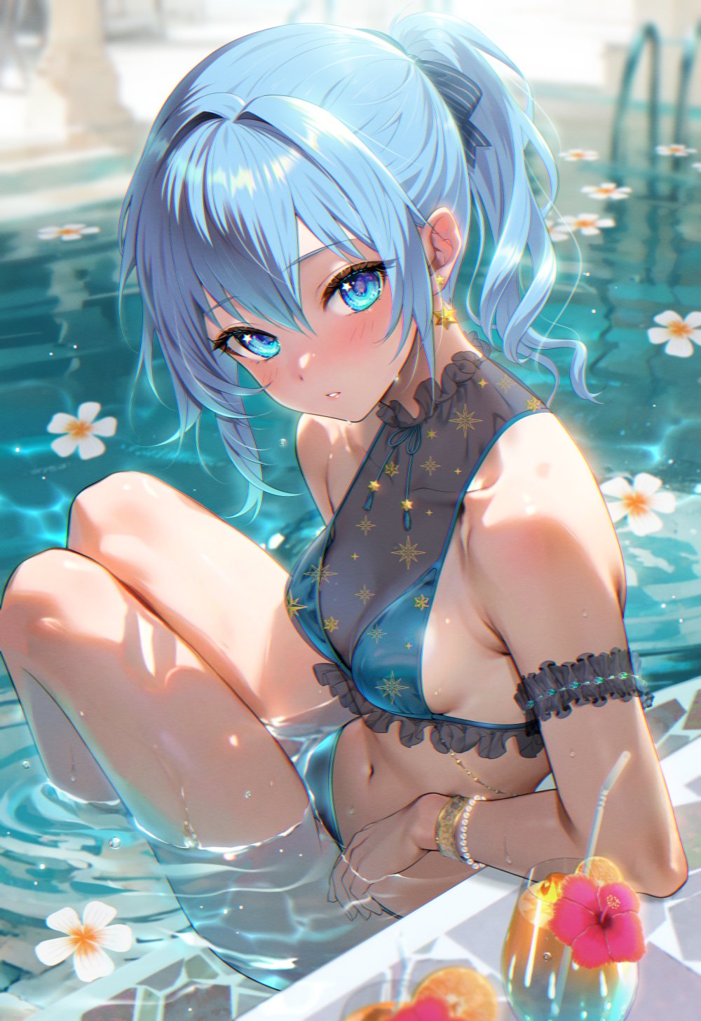 1girl, arm_strap, armband, bead_bracelet, beads, bikini, blue_bikini, blue_eyes