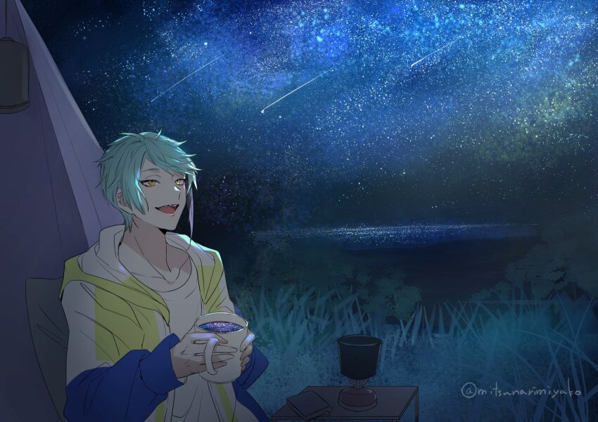 1boy, blue_hair, brown_eyes, cup, floyd_leech, floyd_leech_(outdoor_wear), heterochromia, highres, holding, holding_cup, jacket, jade_leech, lake, male_focus, mitsunari_miyako, mug, night, outdoors, sharp_teeth, shooting_star, short_hair, sitting, sky, star_(sky), starry_sky, table, teeth, tent, twisted_wonderland, upper_body, yellow_eyes