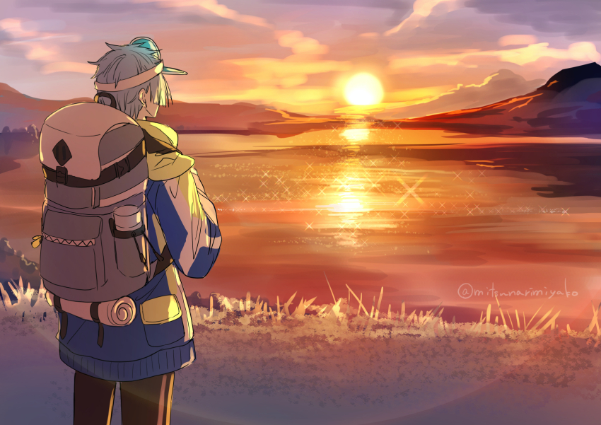 1boy, backpack, bag, blue_hair, blue_jacket, cowboy_shot, floyd_leech, floyd_leech_(outdoor_wear)