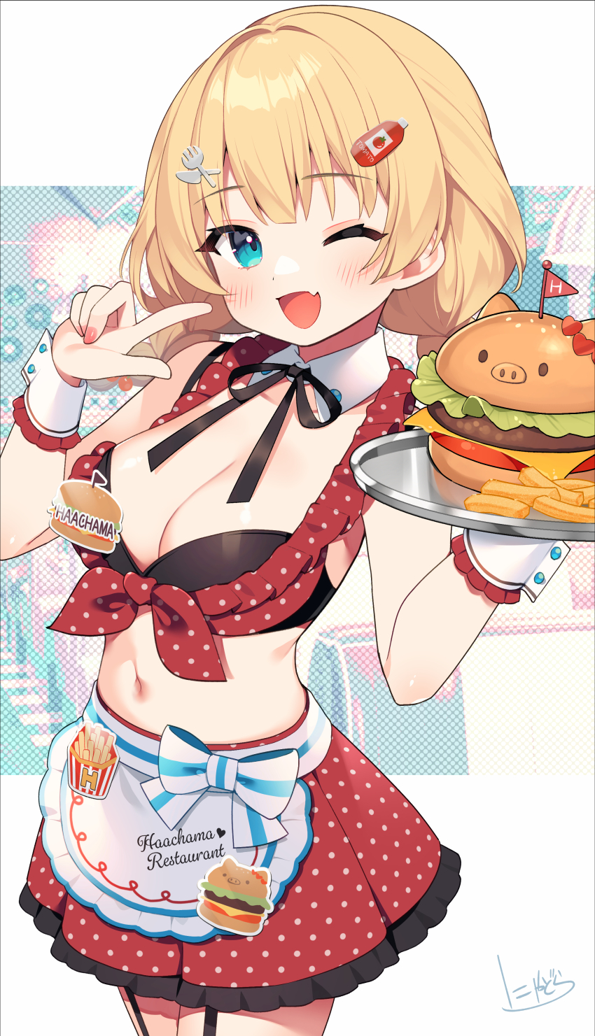 1girl, :d, absurdres, akai_haato, akai_haato_(waitress), apron, black_ribbon, blonde_hair