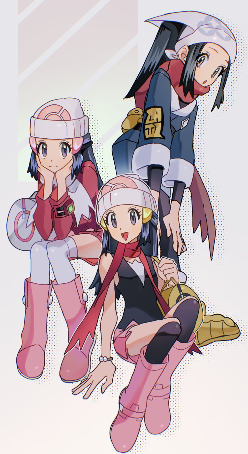 3girls, akari_(pokemon), bag, blue_hair, boots, dawn_(pokemon), dual_persona, headscarf, highres, miniskirt, multiple_girls, nintendo, p0ke_a0210, pink_boots, pokemon, pokemon_diamond/pearl/platinum, pokemon_legends:_arceus, pokemon_platinum, ponytail, shoes, skirt, white_bag, white_headscarf, yellow_bag, yellow_shoes