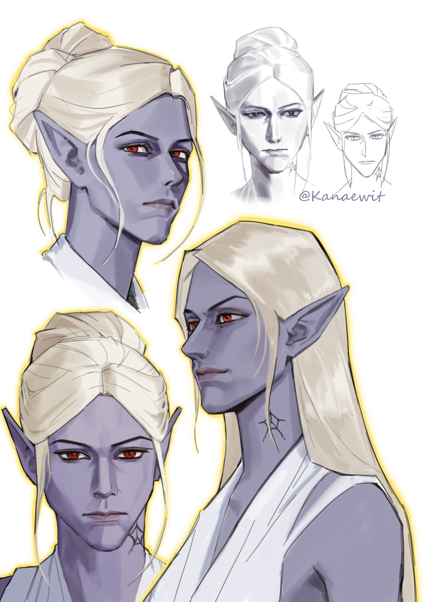1girl, absurdres, baldur's_gate, baldur's_gate_3, bare_shoulders, blonde_hair, colored_skin, cropped_head, dark_elf, dungeons_&amp;_dragons, elf, hair_bun, hair_down, highres, kanaewit, long_hair, looking_at_viewer, minthara, multiple_views, neck_tattoo, outline, pointy_ears, portrait, purple_skin, red_eyes, short_hair, simple_background, single_hair_bun, tattoo, twitter_username, white_background, yellow_outline