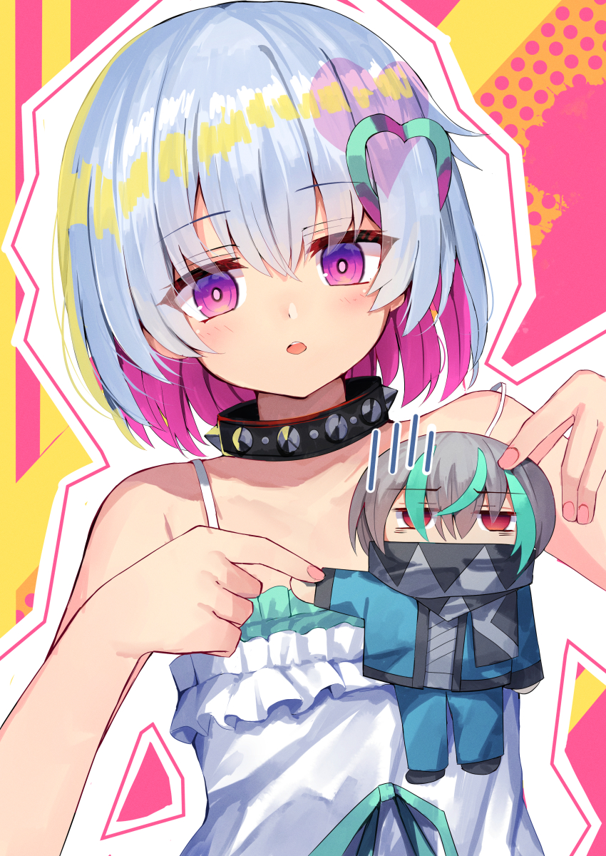 1boy, 1girl, absurdres, animal_collar, bangs_pinned_back, bare_shoulders, black_hair, blush