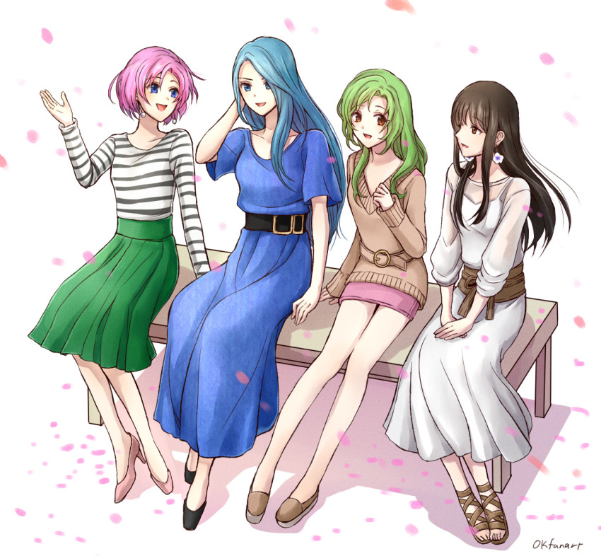 4girls, alternate_costume, astrid_(fire_emblem), black_hair, blue_dress, blue_hair, dress, earrings, elincia_ridell_crimea, fire_emblem, fire_emblem:_path_of_radiance, green_hair, jewelry, long_hair, long_skirt, lucia_(fire_emblem), marcia_(fire_emblem), multiple_girls, nintendo, okfanart, on_bench, pink_hair, skirt