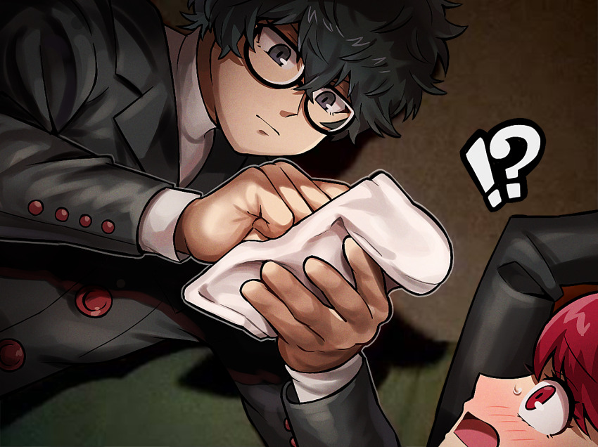 !?, 1boy, 1girl, amamiya_ren, black-framed_eyewear, black_eyes, black_hair, blush