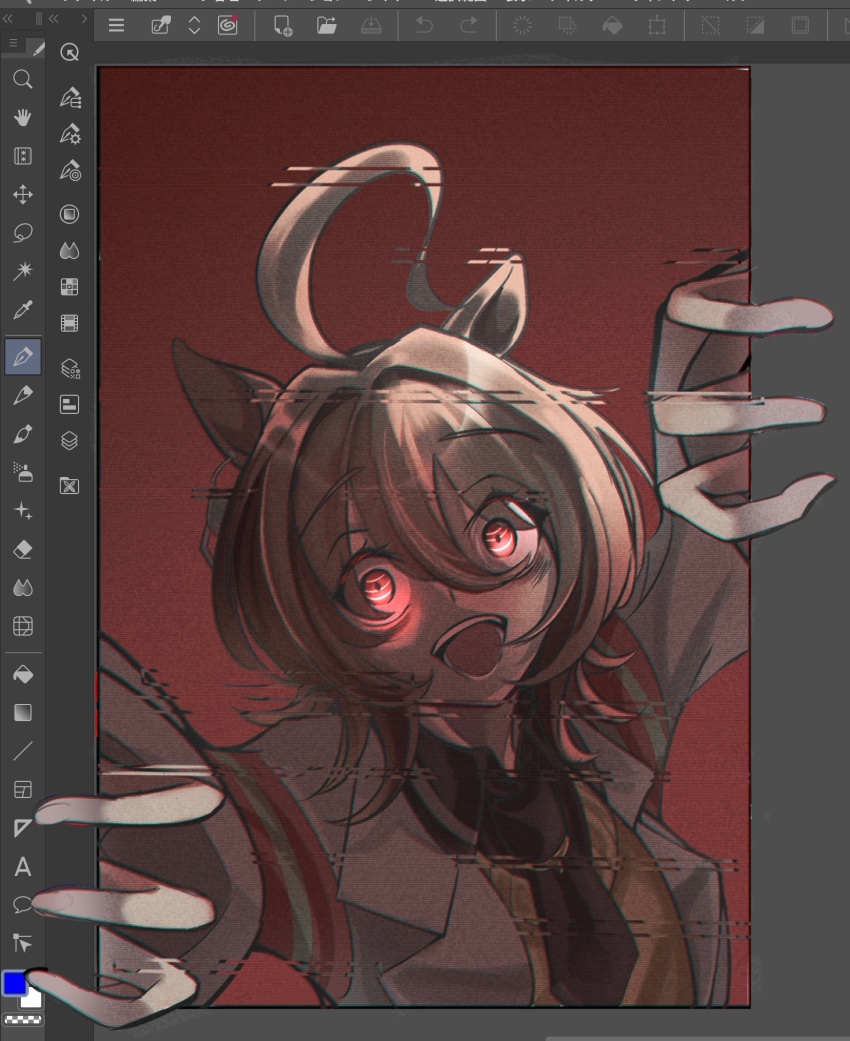 1girl, agnes_tachyon_(tach-nology)_(umamusume), agnes_tachyon_(umamusume), ahoge, animal_ears, black_shirt, brown_hair, buckwheat638478, collared_shirt, commentary_request, crazy_eyes, earrings, fourth_wall, glowing, glowing_eyes, hair_between_eyes, highres, horse_girl, huge_ahoge, jacket, jewelry, lab_coat, long_sleeves, looking_at_viewer, necktie, open_mouth, red_background, red_eyes, shirt, short_hair, simple_background, single_earring, solo, teeth, umamusume, upper_body