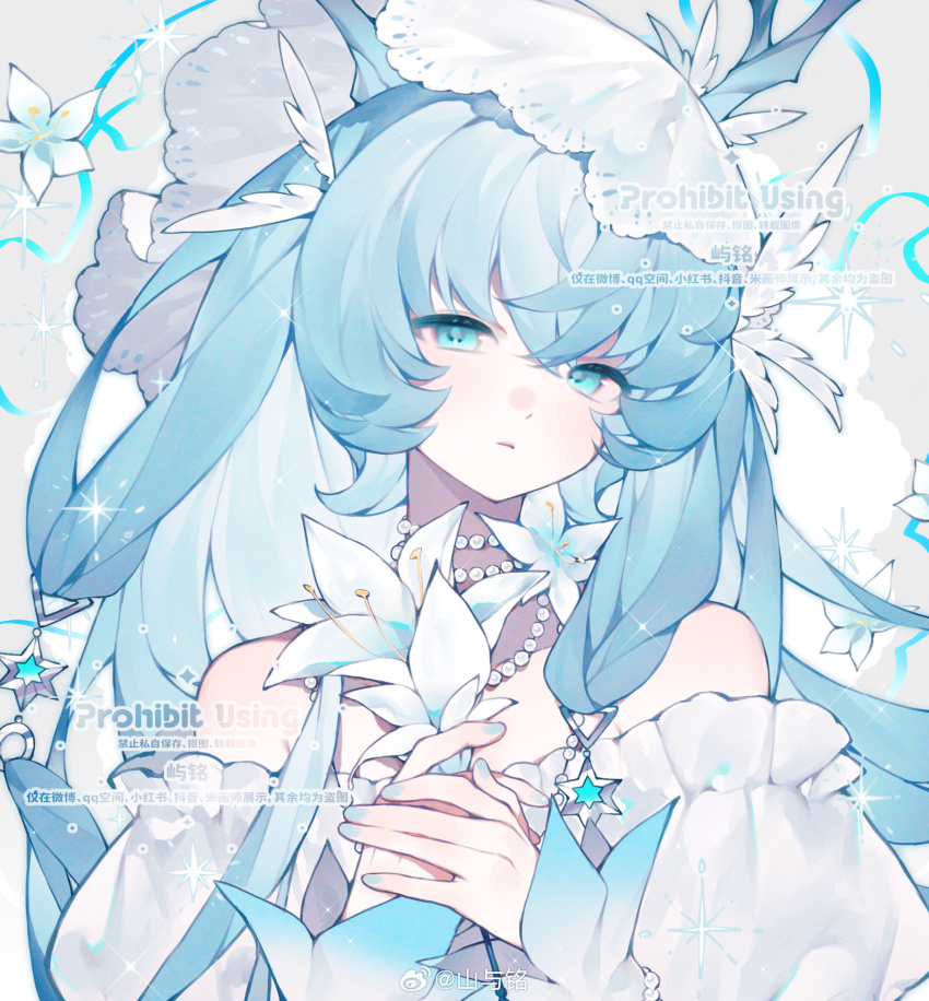 1girl, antlers, horns_through_headwear, bare_shoulders, blue_eyes, blue_hair, blue_nails, blue_pupils