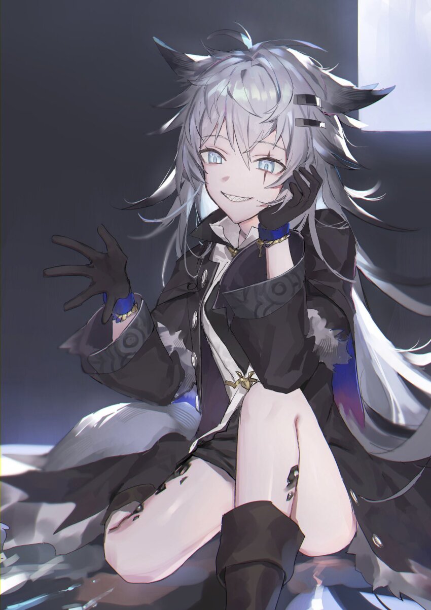 1girl, animal_ears, arknights, black_boots, black_coat, black_gloves, black_shorts, boots