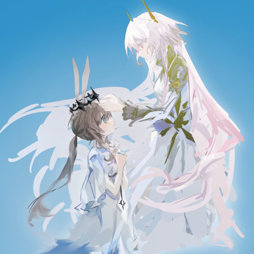 2girls, aged_down, amiya_(arknights), amiya_(young)_(arknights), animal_ears, arknights, blue_background, blue_eyes