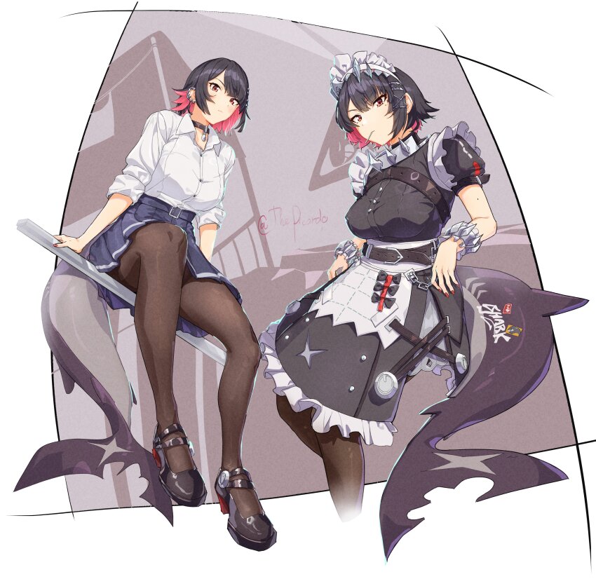 1girl, absurdres, black_hair, black_pantyhose, black_skirt, candy, colored_inner_hair, commentary