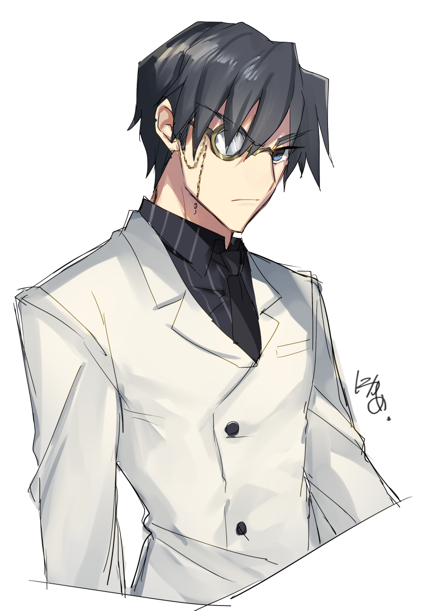 1boy, aged_down, black_hair, black_necktie, black_shirt, blue_eyes, closed_mouth, collared_shirt