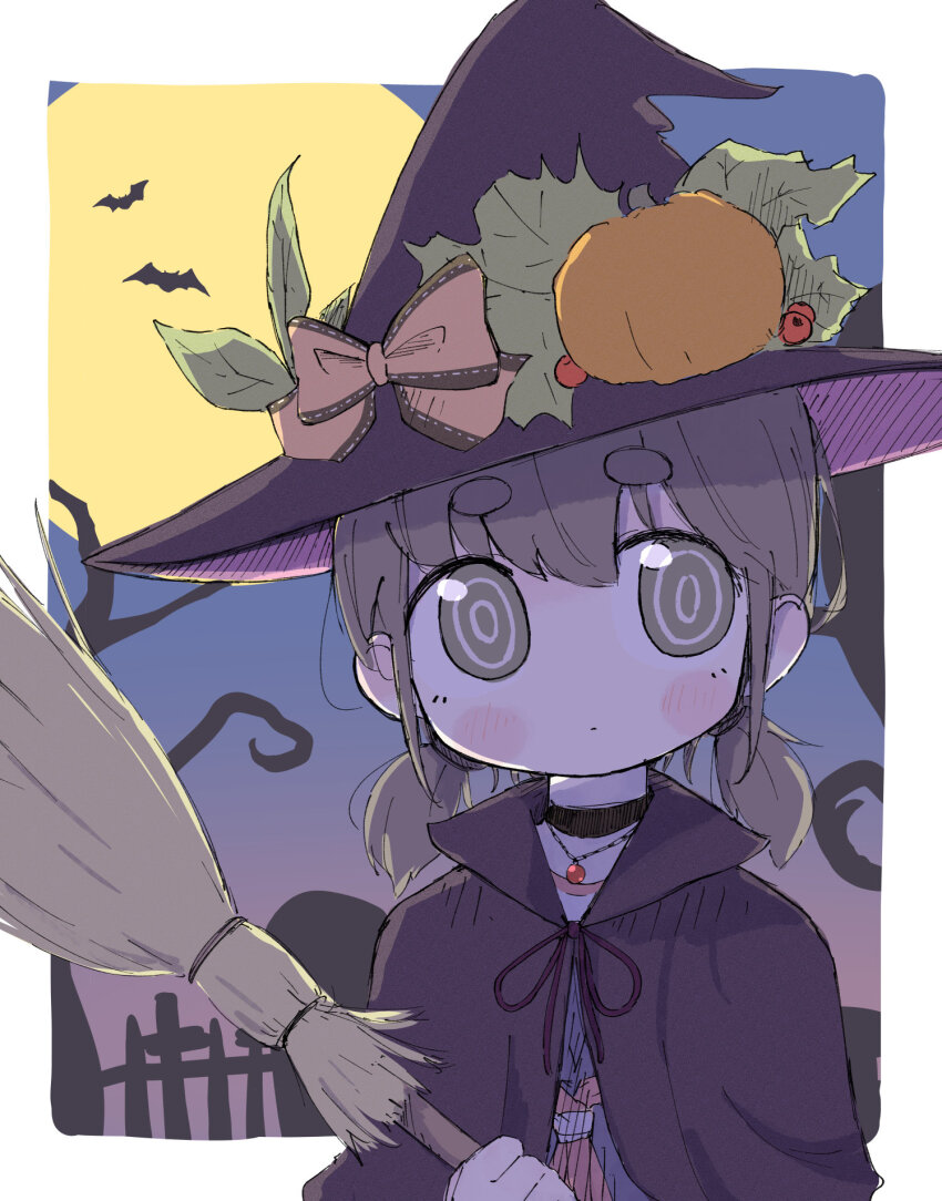 1girl, bat_(animal), black_eyes, black_hair, border, broom, closed_mouth, commentary_request