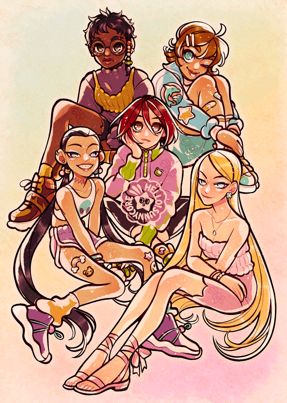 5girls, bandaid, bandaid_on_leg, bandeau, black_hair, blonde_hair, blue_eyes, blue_skirt