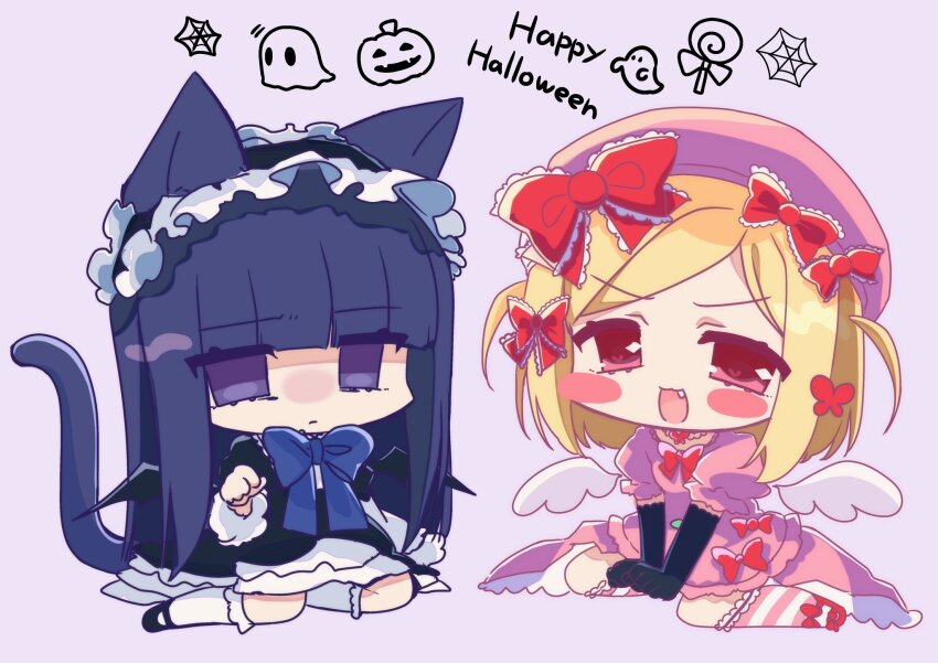 2girls, alternate_hairstyle, angel_wings, animal_ears, bat_wings, beret, black_footwear, black_hairband