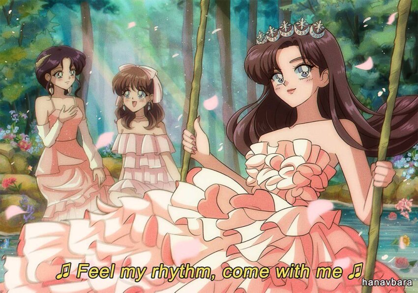 3girls, artist_name, brown_hair, closed_mouth, commentary, crown, dress, earrings