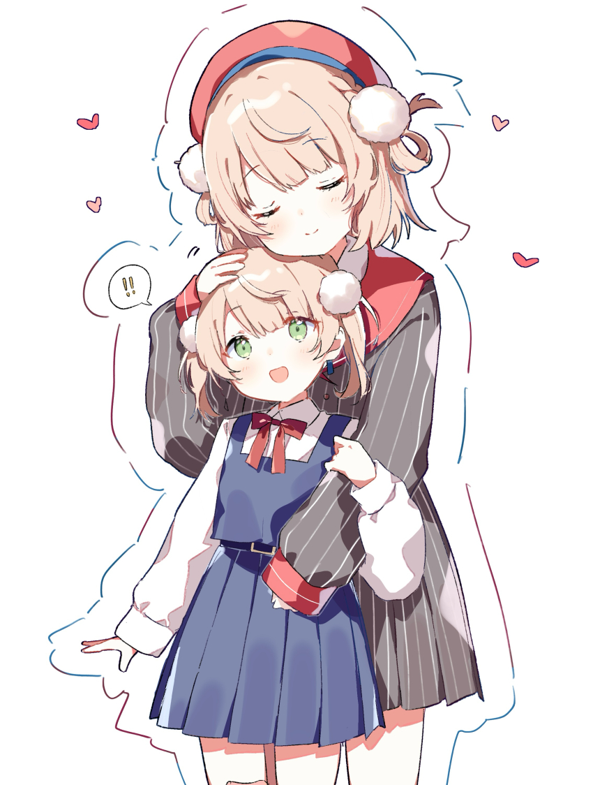 !, !!, 2girls, absurdres, belt, black_belt, black_shirt, black_skirt, blonde_hair, blue_dress, bow, bowtie, closed_eyes, closed_mouth, commentary, dot_nose, dress, dual_persona, flat_chest, green_eyes, hair_ornament, hand_on_another's_head, hat, heart, highres, hug, hug_from_behind, indie_virtual_youtuber, light_blush, long_sleeves, looking_at_another, medium_hair, multiple_girls, open_mouth, pleated_skirt, pom_pom_(clothes), pom_pom_hair_ornament, red_bow, red_bowtie, red_hat, red_sailor_collar, sailor_collar, school_uniform, shigure_ui_(vtuber), shigure_ui_(1st_costume)_(vtuber), shigure_ui_(young)_(vtuber), shirt, sidelocks, skirt, smile, spoken_exclamation_mark, untranslatable_commentary, thighs, tobun_sub, twintails, virtual_youtuber, white_background, white_shirt